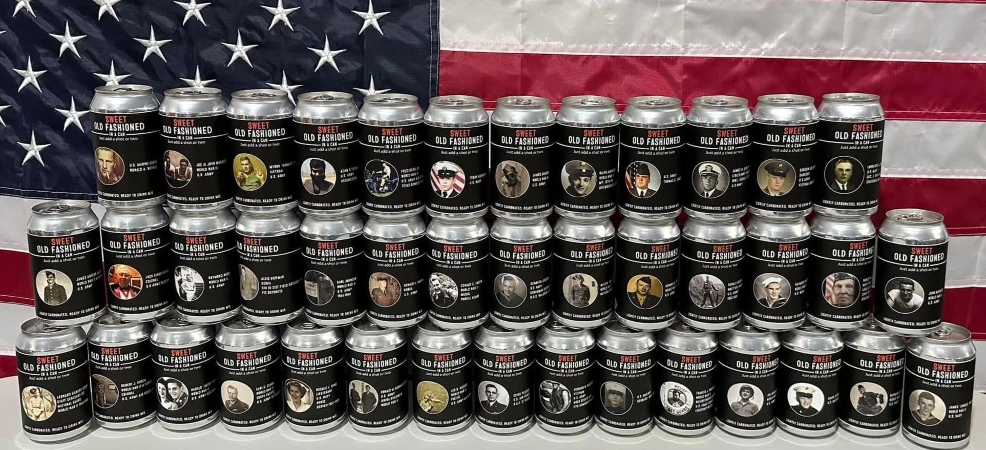 Sweet Old Fashioned cans arranged on American flag patriotic display